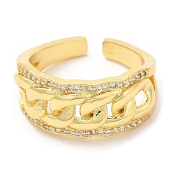 Real 16K Gold Plated Rack Plating Brass Curb Chains Shape Open Cuff Ring with Cubic Zirconia, Cadmium Free & Lead Free, Real 16K Gold Plated, US Size 7 1/4(17.5mm)