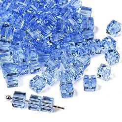 Светло-Голубой К 9 стекло, имитация Австрийские кристаллические шарики, класс AAA, граненые, кубические, Небесно-голубой, 4x4x4 мм (размер в пределах диапазона погрешностей 0.5~1 мм), отверстие : 0.7~0.9 мм