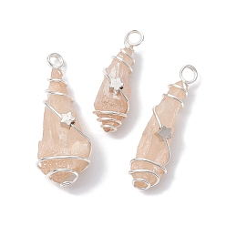 Wheat Electroplated Natural Quartz Crystal Dyed Copper Wire Wrapped Pendants, Teardrop Charms with Brass Star, Silver Color Plated, Wheat, 27~37x7~13x6.5~10.5mm, Hole: 3.5mm