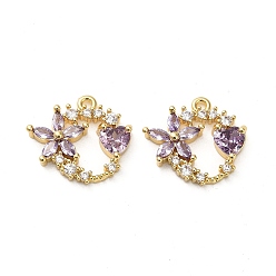 Фиолетовый Латунные микро проложить кубического циркония подвески, венок, реальный 18 k позолоченный, фиолетовые, 15x16.5x4 мм, отверстие : 1.2 мм