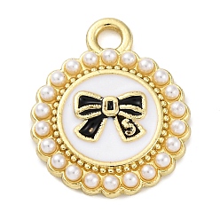 Золотой Стойки обшивки сплава эмали подвески, с абс пластмассовой имитационной жемчужиной, без кадмия, без никеля и без свинца, плоский круглый с бантом, золотые, 17.5x15x2.5 мм, отверстие : 1.8 мм
