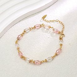 Pink Элегантные женские браслеты на ногу в винтажном стиле из латуни и овального стекла с гранеными звеньями, регулируемые, реальный 18 k позолоченный, розовые, 8-1/4 дюйм (210 мм)