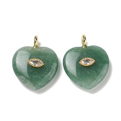 Green Aventurine Natural Green Aventurine Pendants, Heart Charms with Brass Micro Pave Clear Cubic Zirconia Findings, Golden, 31.5~32x25~25.5x9.5~10.5mm, Hole: 4mm