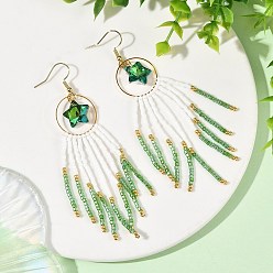 Green Star Glass Seed Beaded Dangle Tassel Earrings, Brass Ring and 304 Stainless Steel Dangle Earrings for Women, Golden, Green, 95.5~96.5x20mm