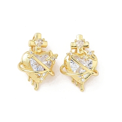 Настоящее золото 18K Латунные микропаве прозрачные подвески с фианитом, сердце и крест, без свинца и без кадмия, долговечный, стойки покрытие, реальный 18 k позолоченный, 20.5x13.5x12 мм, отверстие : 5x2 мм