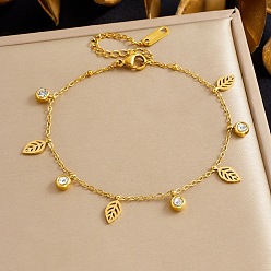 Золотой 304 Браслеты из нержавеющей стали с подвесками из страз, браслеты-цепочки для женщин, лист и плоский круглый, золотые, 6.89 дюйм (17.5 см)