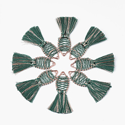 Морско-зеленый Хлопчатобумажная нить кисточка большие подвесные украшения, с металлическим шнуром и фурнитурой из сплава, долговечный, рыба, цвета морской волны, 59~62x20~30x5 мм, отверстие : 2 мм