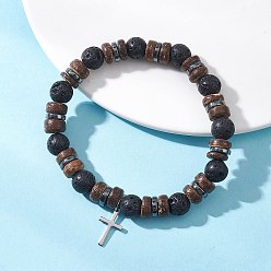Черный Регулируемые эластичные браслеты из натуральных бусин из кокосового ореха и лавовой породы, с 201 подвеской в виде креста из нержавеющей стали для женщин, чёрные, внутренний диаметр: 2.22~2.26 дюйм (5.65~5.75 см)