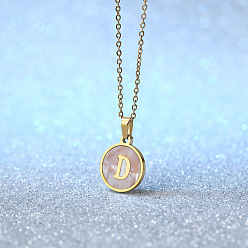 Letter D Плоские круглые ожерелья с инициалами из нержавеющей стали с натуральными белыми ракушками для женщин, золотые, цвет морской раковины, Буква D, 18.11 дюйм (46 см)