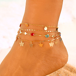 Light Gold Сплав цветной горный хрусталь цепочка диск бабочка кисточка 4 многослойные браслеты для женщин, золотой свет, 8-7/8~9-3/8 дюйм (224~238 мм), 4 шт / комплект