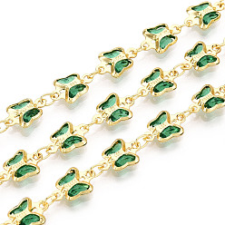 Темно-Зеленый Латунные стеклянные цепочки-подвески в виде бабочек, пайки, с катушкой, золотые, темно-зеленый, 10.5~11x7x2 мм, около 32.81 футов (10 м) / рулон