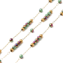 Dark Sea Green Brass Handmade Beaded Chains, with Glass Beads, with Spool, Unwelded, Real 18K Gold Plated, Dark Sea Green, 9~9.5x2x2mm, about 32.81 Feet(10m)/Roll