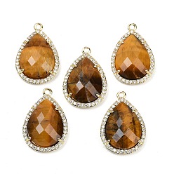 Тигровый глаз Граненые подвески из натурального тигрового глаза, стойка покрытие латунь микропаве прозрачный кубический цирконий каплевидные подвески, золотые, 24.5x16.5x6.5 мм, отверстие : 1.6 мм