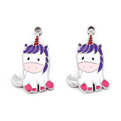 Нержавеющая Сталь Цвет 304 из нержавеющей стали шармы эмали, очарование единорога, цвет нержавеющей стали, 14x8.5x1 мм, отверстие : 1 мм