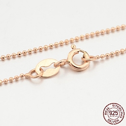 Rose Gold 925 Sterling Silver Ball Chain Necklaces, with Spring Ring Clasps, Thin Chain, Rose Gold, 16 inch, Ball: 1mm