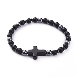 Гематит Унисекс немагнитные синтетические гематит стрейч браслеты, с поперечными синтетическими бирюзовыми бусами и матовыми бусинами из натурального черного агата, 2-1/8 дюйм (5.5 см)