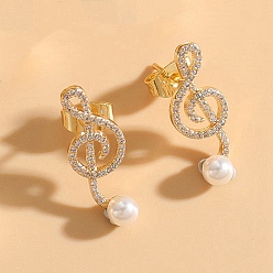 Musical Note Golden Brass with Glass Dangle Stud Earrings, Natural Pearl Drop Earrings, Musical Note, 60x55mm