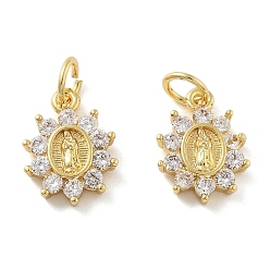 Настоящее золото 18K Латунные микро проложить кубического циркония подвески, плоские круглые с Девой Марией, без свинца и без кадмия, долговечный, стойки покрытие, с целью перехода в кольце, реальный 18 k позолоченный, 13x9.5x2.5 мм, отверстие : 3 мм