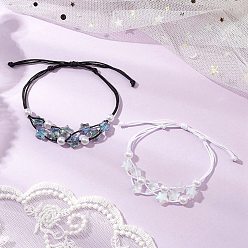 Mixed Color 2Pcs 2 Colors Adjustable Nylon Thread Braided Bead Bracelets, Star Glass Beads and ABS Plastic Pearl Bracelets for Women, Mixed Color, Inner Diameter: 1-5/8~3 inch(4~7.5cm), 1pc/color