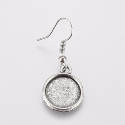 Argent Antique Boucle d'oreille en alliage crochets, avec des réglages de cabochon de fer, plat rond, argent antique, Plateau: 12 mm, 35mm, pendentif: 18x15x1.8 mm, Jauge 21, pin: 0.7 mm