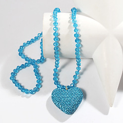 Темно-бирюзовый День святого Валентина сердце сплав горный хрусталь кулон стеклянные бусины ожерелья для женщин, темные бирюзовый, 33.86~34.65 дюйм (86~88 см)