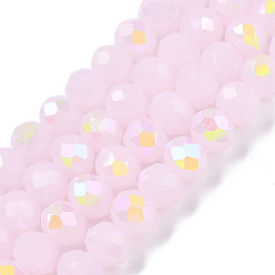 Pink Стеклянные бусины с гальваническим покрытием , имитация нефрита, с половиным покрытием, с покрытием цвета радуги, граненые, рондель, розовые, 6x5 мм, отверстие : 1 мм, около 80~85 шт / нитка, 38~40 см