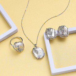 Белый Ожерелья с подвесками из натурального пресноводного жемчуга, серьги-гвоздики и комплекты колец, комплекты ювелирных изделий из латуни, прямоугольник с цветочным узором, белые, 400 мм