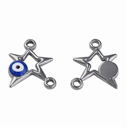 Dark Blue 304 Stainless Steel Enamel Connector Charms, Stainless Steel Color, Star with Evil Eye, Dark Blue, 16x13.5x3mm, Hole: 1.6mm