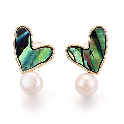 Настоящее золото 18K Серьги-гвоздики из натурального жемчуга в форме сердца из латуни, с раковиной морского ушка и 925 булавками из стерлингового серебра, долговечный, реальный 18 k позолоченный, 20x12 мм