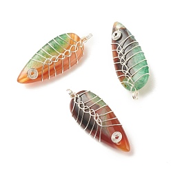 Brazilian Agate Natural Brazilian Agate Pendants, with Platinum Tone Eco-Friendly Copper Wire Wrapped, Dyed & Heated, Teardrop, Green, 43~44x17.5x10.5mm, Hole: 3~3.5mm
