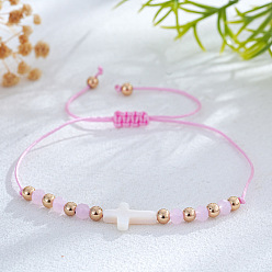 Pink Регулируемые браслеты из плетеных бусин из стекла и латуни, украшения в виде креста из натуральных ракушек для женщин, розовые, 11.02 дюйм (28 см)