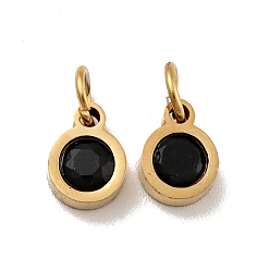Black Vacuum Plating 304 Stainless Steel Pendants, with Cubic Zirconia and Jump Rings, Single Stone Charms, Flat Round, Golden, Black, 7.5x5.5x2.5mm, Hole: 3.6mm