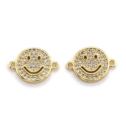 Real 18K Gold Plated Brass Micro Pave Clear Cubic Zirconia Links, Long-Lasting Plated, Flat Round with Smiling Face, Real 18K Gold Plated, 14x19x2mm, Hole: 1.4mm
