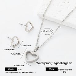 Heart 304 Stainless Steel Pendant Necklace & Stud Earrings Set for Women Men, Stainless Steel Color, Heart, 450mm, Pendant: 14x14mm