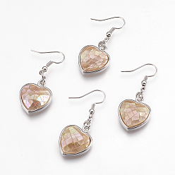 Peru Shell Dangle Earrings, with Platinum Tone Brass Findings, Heart, Peru, 43.5mm, Pin: 0.7mm