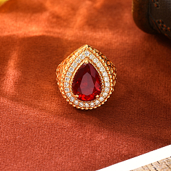 Красный Винтажные богемные латунные кольца-манжеты с микропаве из кубического циркония для женщин., слеза, золотые, красные, регулируемый