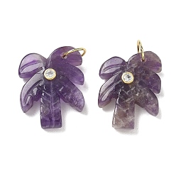 Amethyst Natural Amethyst Carved Pendants, Coconut Tree Charms with Brass Pave Clear Cubic Zirconia Findings, Golden, 26.5x20.5x7.5mm, Hole: 6.5mm