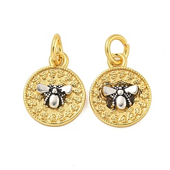Настоящее золото 18K Долговечные латунные подвески, с прыжковых колец, плоский круглый с пчелами, реальный 18 k позолоченный, 15x12x3 мм, отверстие : 4 мм