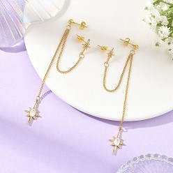 Doré  Boucles d'oreilles en bronze, étoiles, Boucles d'oreilles en laiton avec micro pavé de zircons cubiques pour femmes, or, 83~90x11.5~12mm