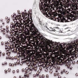 Фиолетовый Стеклянные цилиндрические бусины, бисер, серебряная линия, круглое отверстие, фиолетовые, 1.5~2x1~2 мм, отверстие : 0.8 мм, около 80000 шт / упаковка, около 1 фунт / мешок