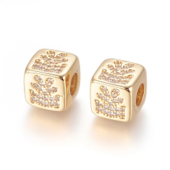 Золотой Латунные микро проложить Цирконий Европейский бисером, бусины с большим отверстием, долговечный, куб с узором, прозрачные, золотые, 9x9x9.5 мм, отверстие : 4.5 мм