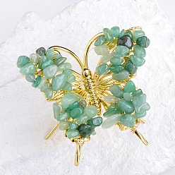 Зеленый Авантюрин Необработанные натуральные зеленые авантюриновые чипсы, минеральные украшения для демонстрации образцов, с металлическим держателем-бабочкой, украшение для домашнего рабочего стола по фэн-шуй, 65x75 мм