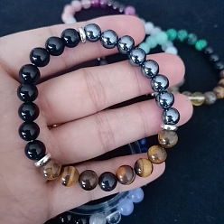 Смешанные камни Круглые бусины из натурального тигрового глаза, черного обсидиана и синтетического немагнитного гематита, эластичные браслеты для девушек и женщин, 5-7/8~7-7/8 дюйм (15~20 см)