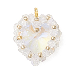 Прозрачный Латунь стекло кулоны, сердце, с & стеклянным бисером, граненые, прозрачные, 26x20.5x9.5 мм, отверстие : 3.5x2.5 мм