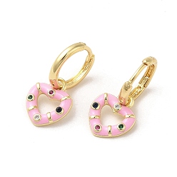 Бледно-Розовый Серьги-кольца из латуни с позолотой Heart Real 18k, с кубического циркония и эмали, розовый жемчуг, 21.5x11.5 мм