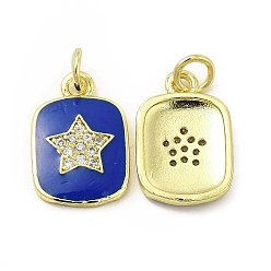 Blue Brass Micro Pave Cubic Zirconia Pendants, with Enamel & Jump Ring, Rectangle with Star Charm, Golden, Blue, 16x11x2mm, Hole: 2.5mm