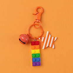 Dark Orange Pride Flag/Rainbow Flag Plastic Building Block Keychains, Bell Keychain, Striped Star Keychain with Lobster Claw Clasp, Dark Orange, 48x16mm
