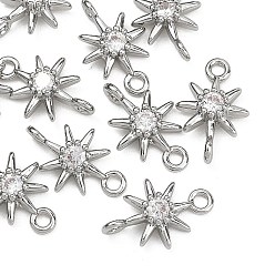 Real Platinum Plated SHEGRACE Brass Clear Cubic Zirconia Charms, Cadmium Free & Nickel Free & Lead Free, Sun Charms, Real Platinum Plated, 10.5x6.5x2.5mm, Hole: 1mm