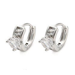 Platinum Brass with Cubic Zirconia Hoop Earrings, Diamond, Platinum, 10.5x6.5mm