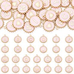 Pink 26 Emaille-Anhänger aus PC-Legierung, flach, rund, mit Buchstaben a~z Charms, rosa, 17.5x15x2.5 mm, Bohrung: 1.5 mm